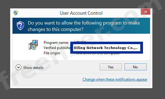 Screenshot where Biling Network Technology Co.,Ltd. appears as the verified publisher in the UAC dialog